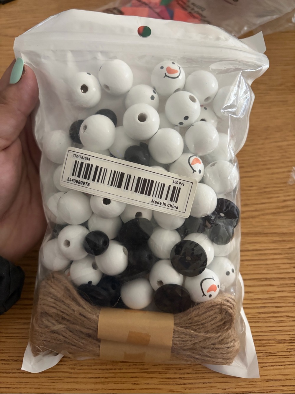 Snowman Bead Craft Kit for Kids - White & Black Beads with Natural Twine